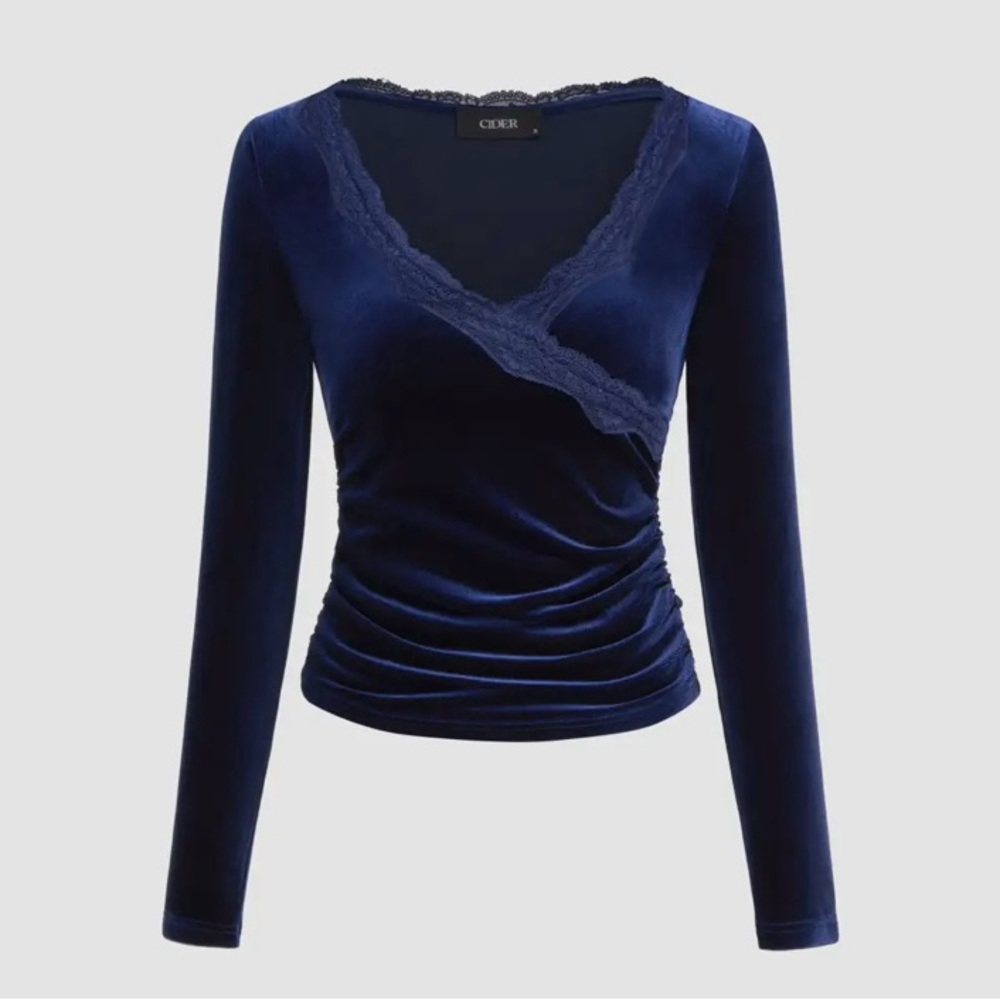 Cider Blue Fitted Ruched Long Sleeve Blouse